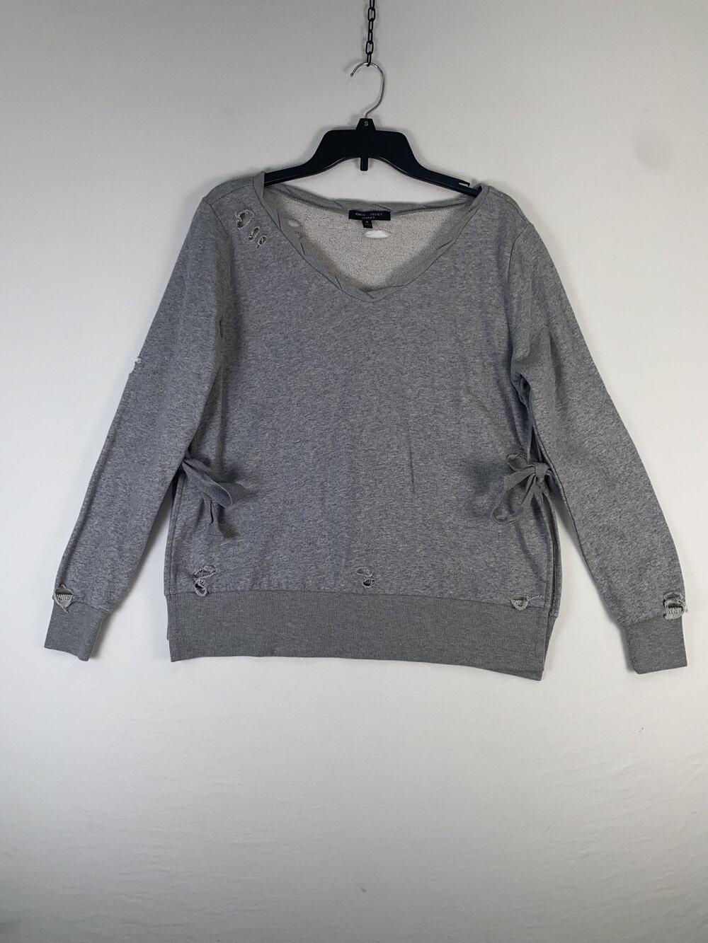Romeo + Juliet Couture Sweatshirt Womens Medium Gray Distressed V Neck Side Bow
